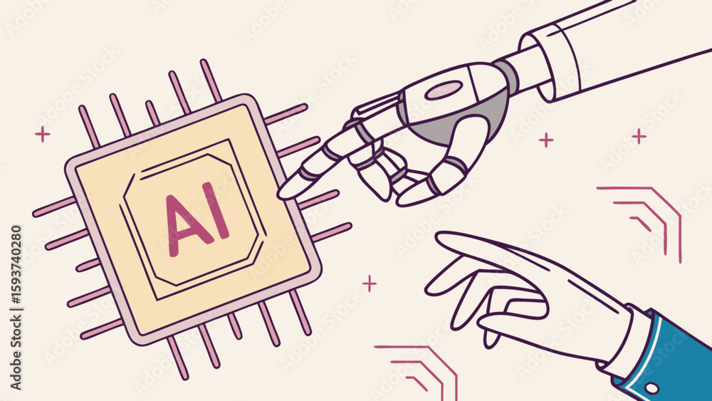Poster ai technology concept with robotic hand touching ai chip for future innovation and automation system
