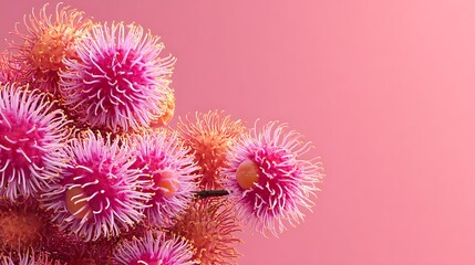 Obraz premium Rambutan cluster. Pink and orange fruits with spiky skins against a solid pink background
