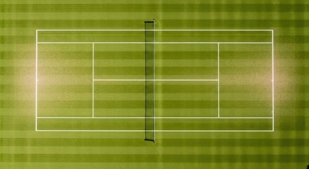 Fototapeta premium Aerial View of a Lush Green Tennis Court Prepared for a Professional Match with Bright Spotlights