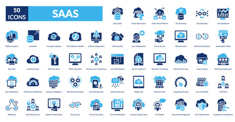 Saas Fill Icon Set. Cloud, Cloud Subscription, Multi Tenant Platform, Cloud Hosting, Api Integration,  Dashboard, Subscription Model