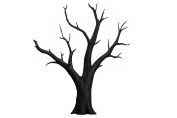 Bare tree branches silhouetted against pale background, revealing skeletal winter landscape with minimalist graphic quality