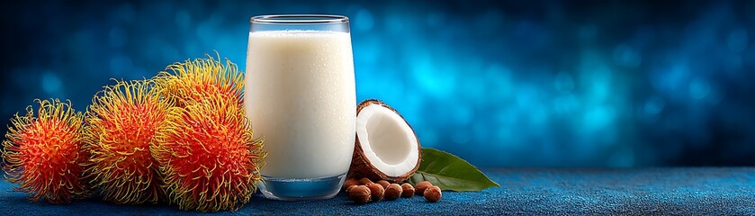 Refreshing scene rambutan, coconut milk, coconuts, hazelnuts on blue