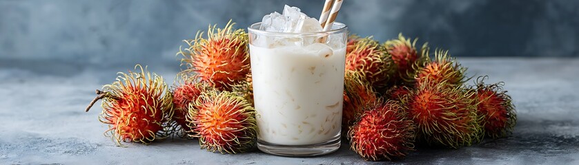 Rambutan Fruity drink in glass with ice, surrounded by rambutan fruits