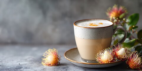 Coffee with foam in a mug next to exotic flowers on a grey background