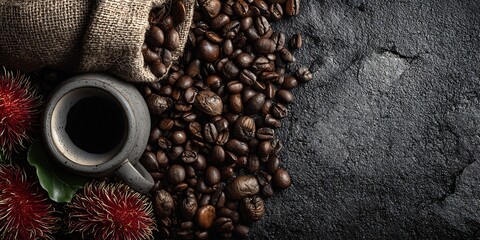 Coffee beans with a cup, fruit, and burlap sack on dark stone