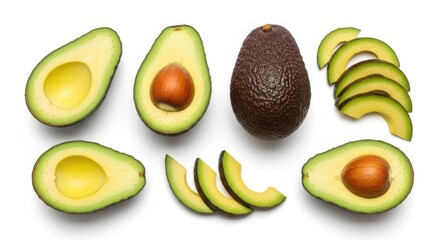 Photo of a collection of fresh avocados, whole and sliced, showcasing their vibrant green flesh and central seed