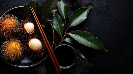 Exotic rambutan fruit on dark plate with chopsticks and leaves