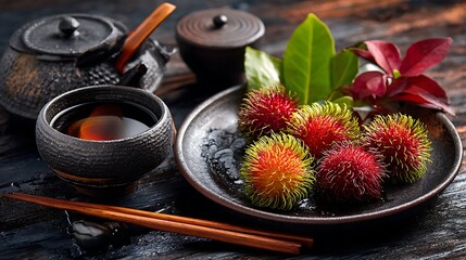 Asian still life of rambutan, tea set and chopsticks on a rustic wooden surface with greenery