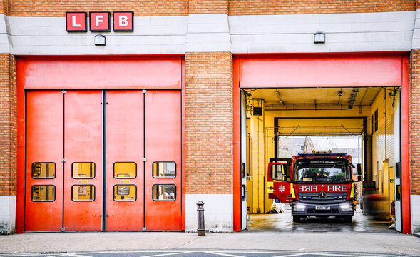 London Fire Brigade (LFB) Hammersmith Fire Station Garage, Fire Truck, British Fire Engine, Pump Ladder, Fire Appliances, England, United Kingdom - 18 July 2025