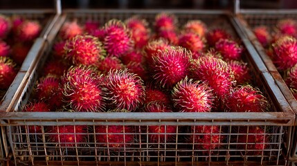 Rambutans fill crate. Fresh, red, hairy tropical fruits displayed for sale at a market setting
