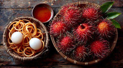 Rambutans, sauce, and eggs sit in straw bowls on aged wood surface, above eye level