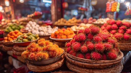 Abundant fruit display in woven baskets with a variety of textures and colors at an outdoor market