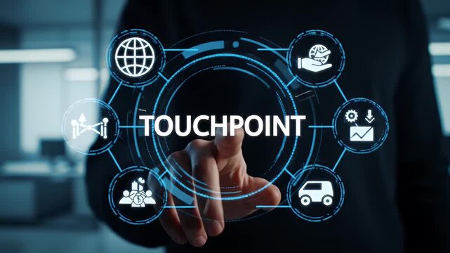 Man Interacting with Digital Touchpoint Interface in Dark Shirt and Blurred Office Environment with Illuminated Glowing Blue Circles and Icons