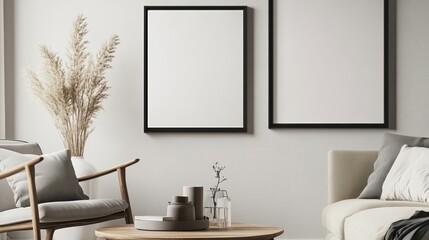 Modern minimalist living room with empty frames