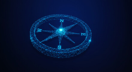 Glowing compass illustration with a digital, futuristic design, featuring a network of interconnected lines and points, perfect for technology or navigation themes.
