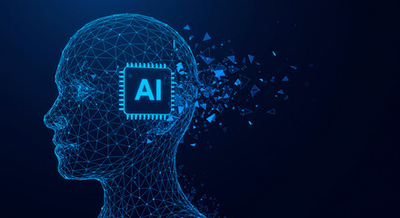 Obraz premium Artificial intelligence concept with a digital human head and AI chip, showcasing technology, innovation, and the future of computing.