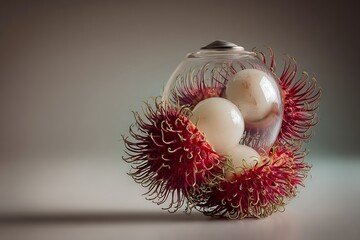Rambutan fruits displayed in a clear glass jar. Minimalist still life with smooth background