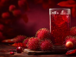 Rambutan fruit with refreshing drink, vibrant red hues and frosty ice. Fresh and tropical vibes