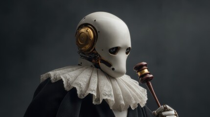 Robot in courtroom setting representing legal precedents and technological advancement