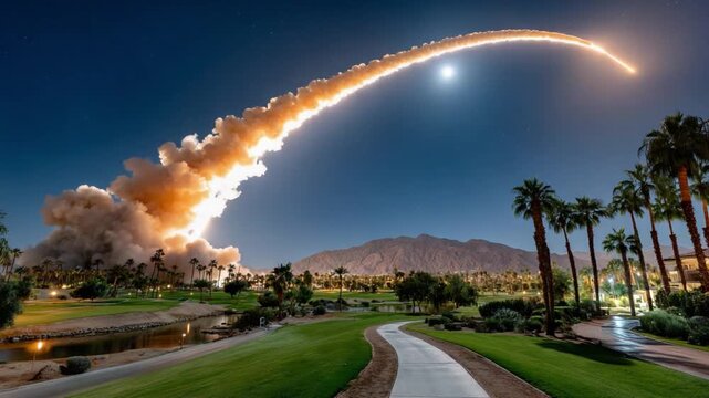 Celestial Ascent: A majestic rocket streaks across the twilight sky, its fiery trail creating a mesmerizing arc above a scenic landscape, while the bright moon watches the launch.