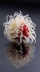 Rambutan fruit detailed shot, revealing juicy, reddish core with spiky, translucent outer texture on dark, shiny surface