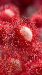 Rambutan A close-up shows a cluster of ripe, exotic fruit with unique spiky exteriors and exposed white flesh