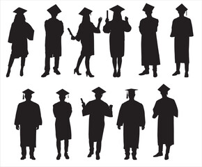 Graduation Silhouettes, Vector Illustration Isolated on White Background.