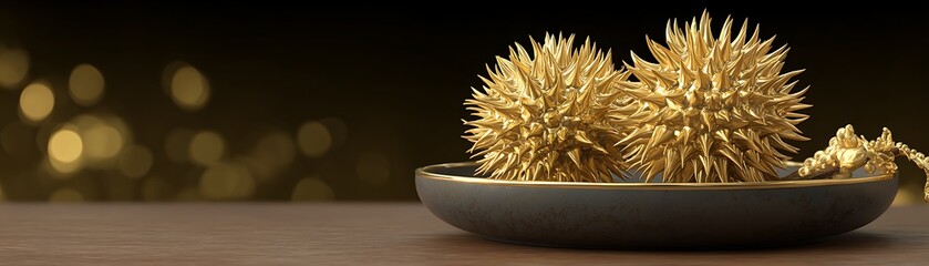Golden spiky orbs in a dish set against a softly lit backdrop, on a wooden surface