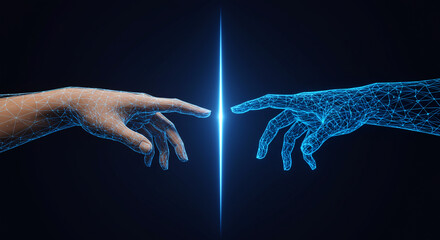 Digital hands reach out in a technological creation concept, featuring a glowing connection and representing innovation and futuristic design.