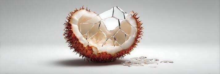 Sliced exotic fruit filled with crystalline geometric shapes on a white background