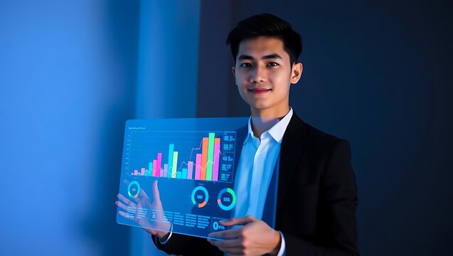 Man in suit holding transparent screen with colorful graph and data on blue background smiling - Powered by Adobe