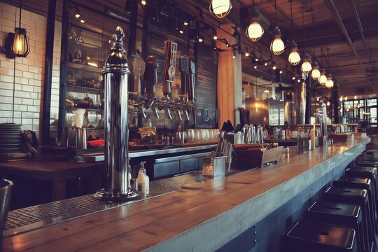 A nice view of the place with bar things and steel things on the bar.