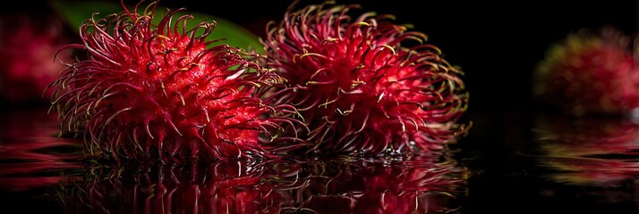 Rambutan Spiky red fruits reflected, set against a dark background with a single green leaf visible