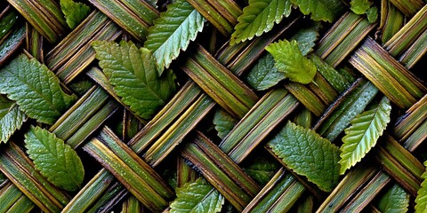 Woven foliage of green leaves and blades form a textured, natural background