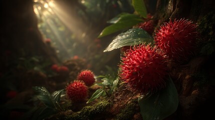 Jungle scene Red fruit cluster grows among verdant leaves in sunlit glade, tree trunk moss background