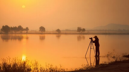 Sunrise photographer by the still water.