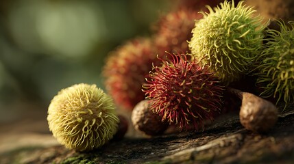 Rambutan pile, showcasing spiky textures and bright colors, atop a mossy surface, with soft lighting