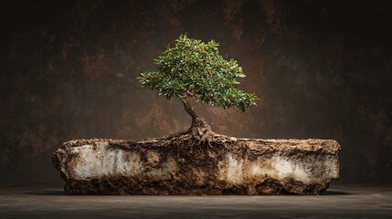 Miniature tree with exposed roots on a stone block against a mottled background