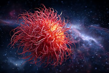 A red, virus-like sphere with spindly tentacles floats against a backdrop of stars and blue nebula