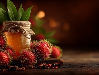 A jar of amber liquid adorned by rambutan on a wooden surface and greenery in the background