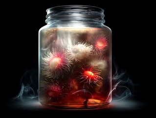 Bioluminescent organisms float in liquid inside a glass jar on a dark background with wisps of smoke