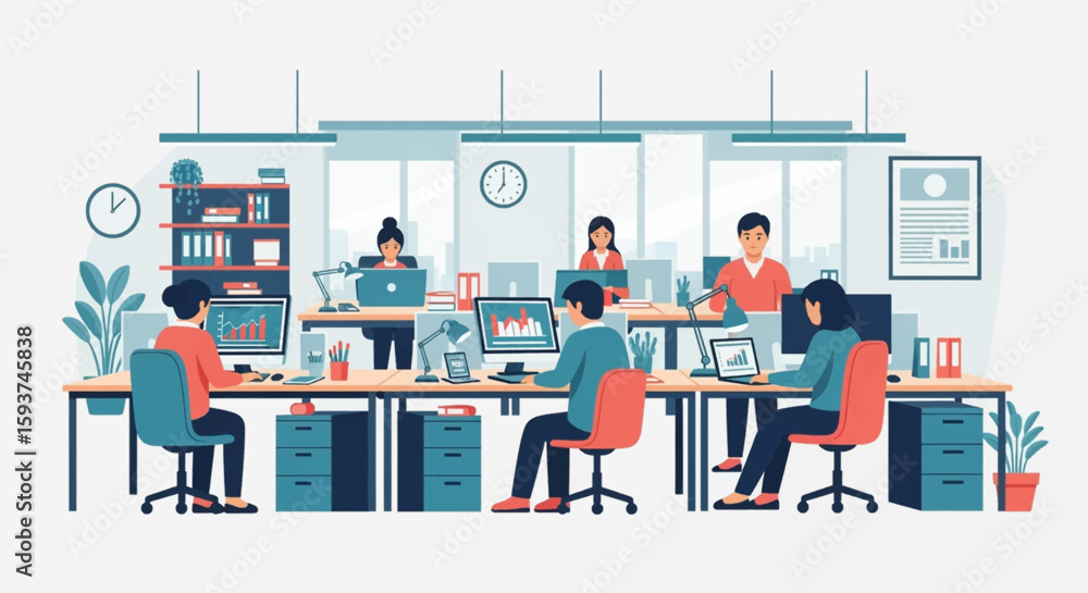 Poster collaborative workspace presents diverse professionals analyzing charts and data in a modern corpora