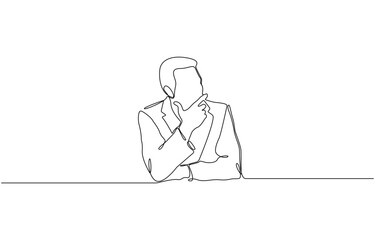 Continuous one line drawing of businessman thinking with his hand on his chin,  Man pose thinking in single line draw illustration, Editable stroke.
