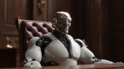 Robot in courtroom setting symbolizing technological rights and legal precedents