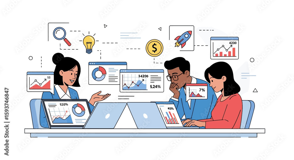 Poster diverse team collaborates on data analysis, presenting charts and graphs for business growth and pro