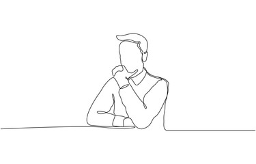 Continuous one line drawing of businessman thinking with his hand on his chin,  Man pose thinking in single line draw illustration, Editable stroke.
