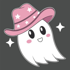Adorable Pink Cowboy Hat Ghost with Sparkling Stars Cheerful Character