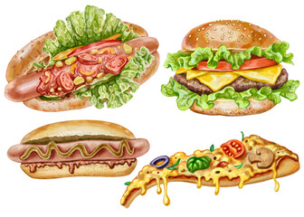 Set of hotdogs, pizza and burger. Collection of watercolor illustrations. Fast food hand-drawn realistic illustration for designing restaurant menus, recipes, food blogs, articles about nutrition.