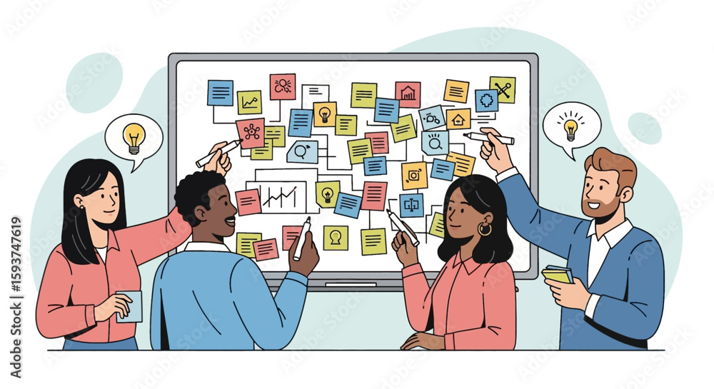 Poster a diverse team brainstorms ideas on a whiteboard with colorful sticky notes, creating a visual mind 