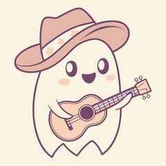 Naklejka premium Adorable Ghost Musician in Cowboy Hat Playing Ukulele
